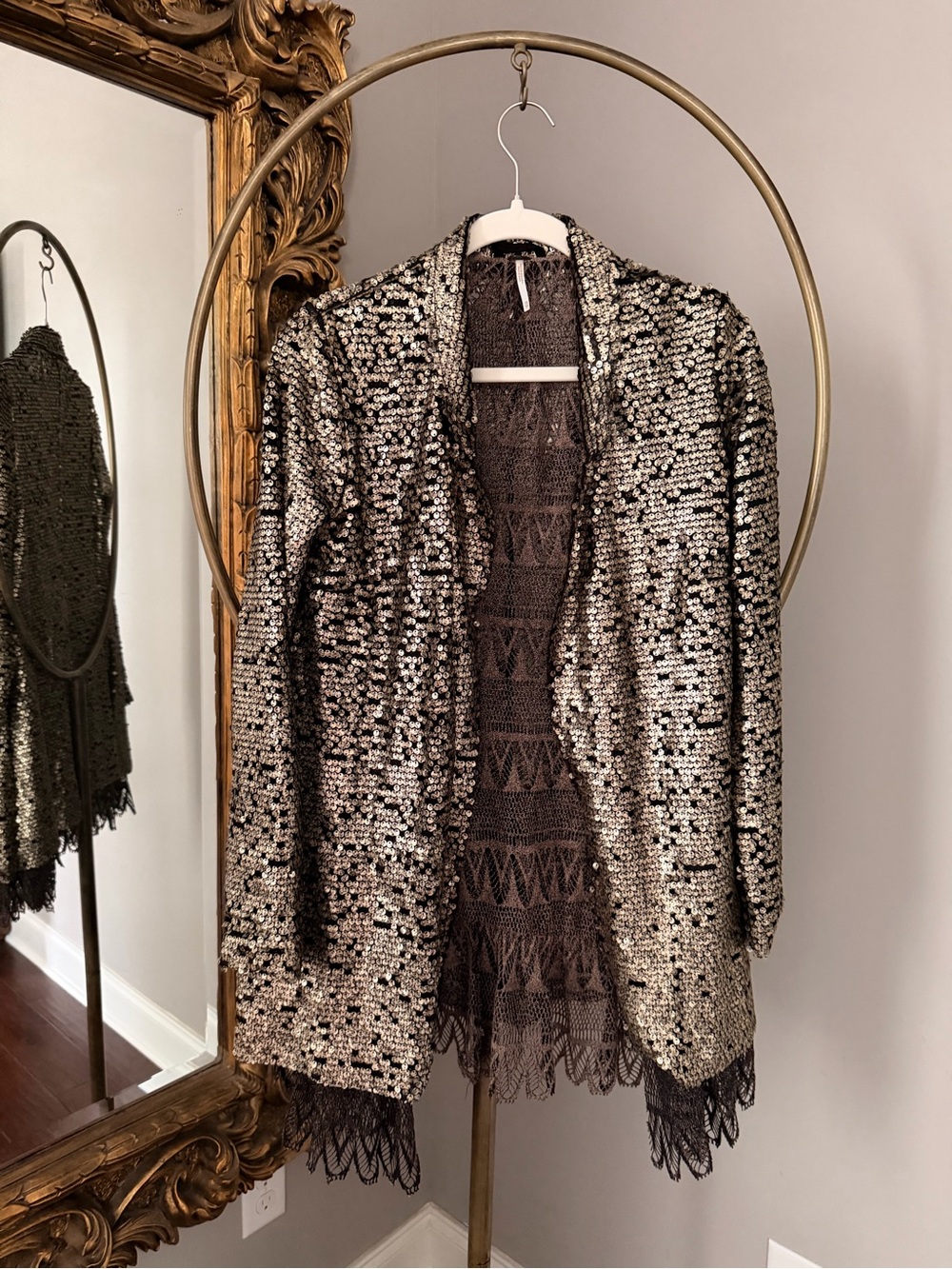 Free People Sequin and Lace Open-Front Blazer Jacket - Silver/Black